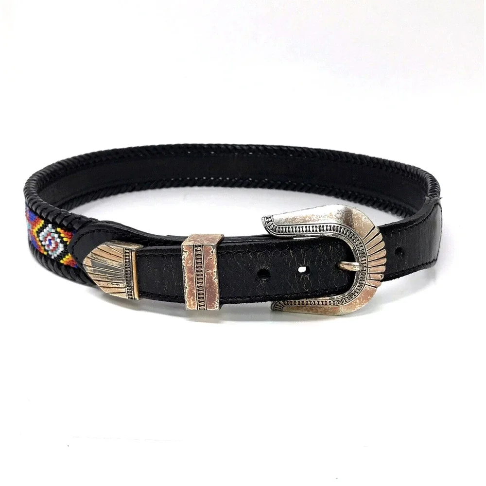 VTG LL Bean Southwestern Belt Size 28 Beaded Black Leather Braided 1991 Native